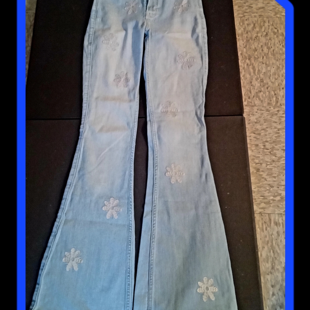 Embroidered Light Blue Flare Jeans